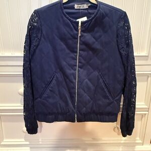 AMUR Navy Quilted Bomber Jacket with Lace Sleeves